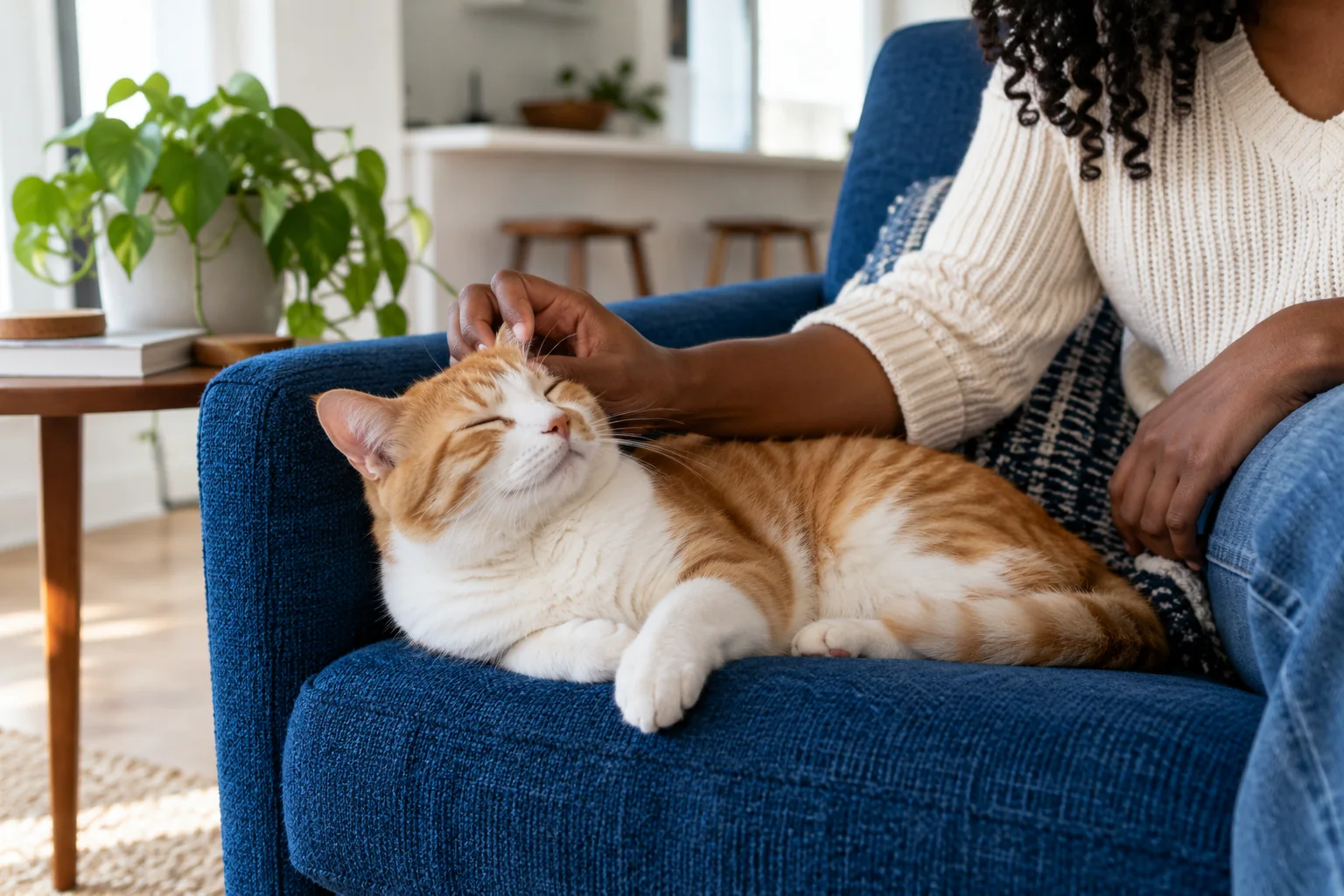 A ginger-and-white cat being petted on a blue chair beside a sunlit window.