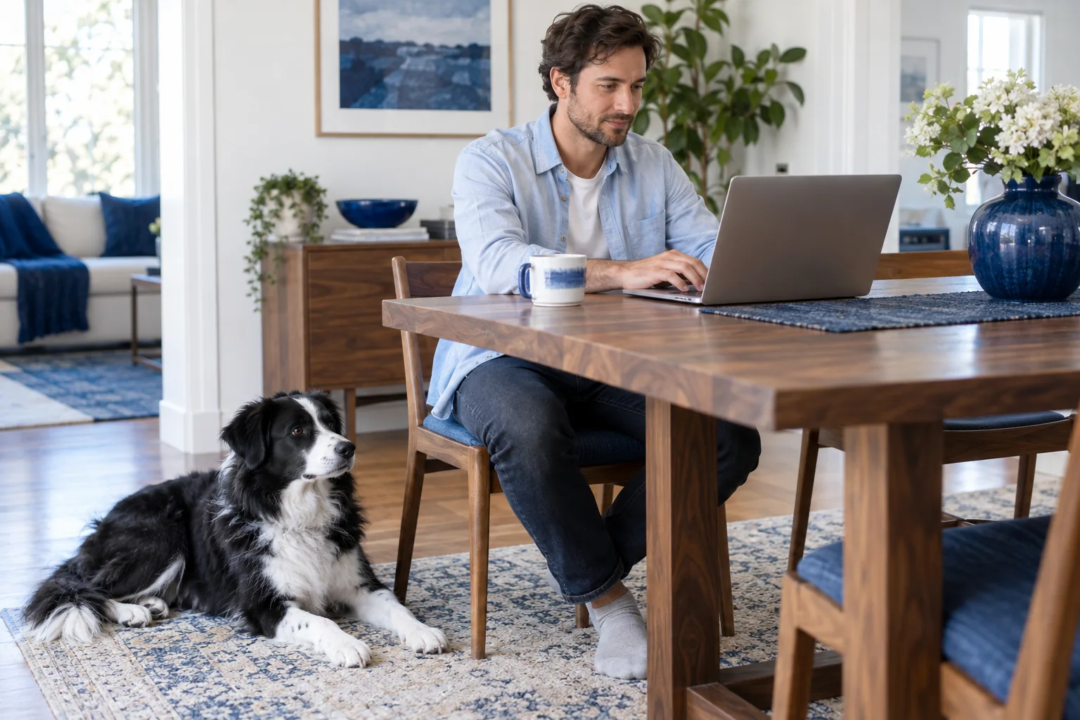 A man working at a dining table while his black-and-white dog rests nearby.