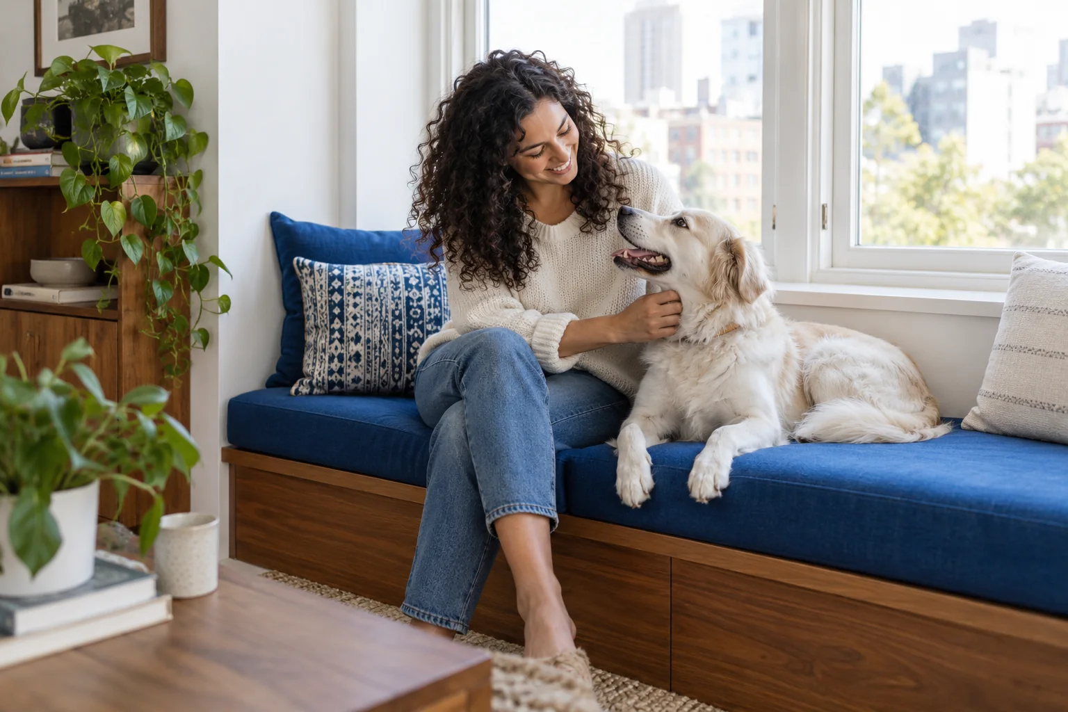 A woman with a cream-colored dog on a blue window bench in a sunny apartment.